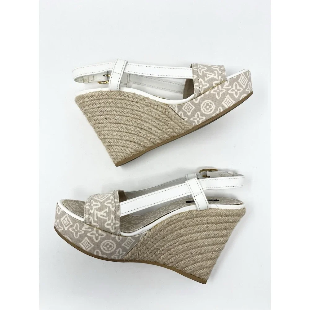 Louis Vuitton Beige Denim Logo Monogram Flat Platform Espadrilles Sandals 37.5